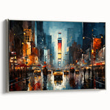Vintage poster art of NYC Times Square in vibrant colors on a black framed canvas, ideal for living room decor.