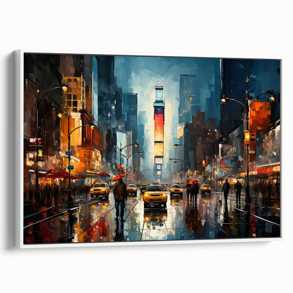 Vintage poster art of Times Square with colorful details on a large framed canvas, suitable for living room decor.