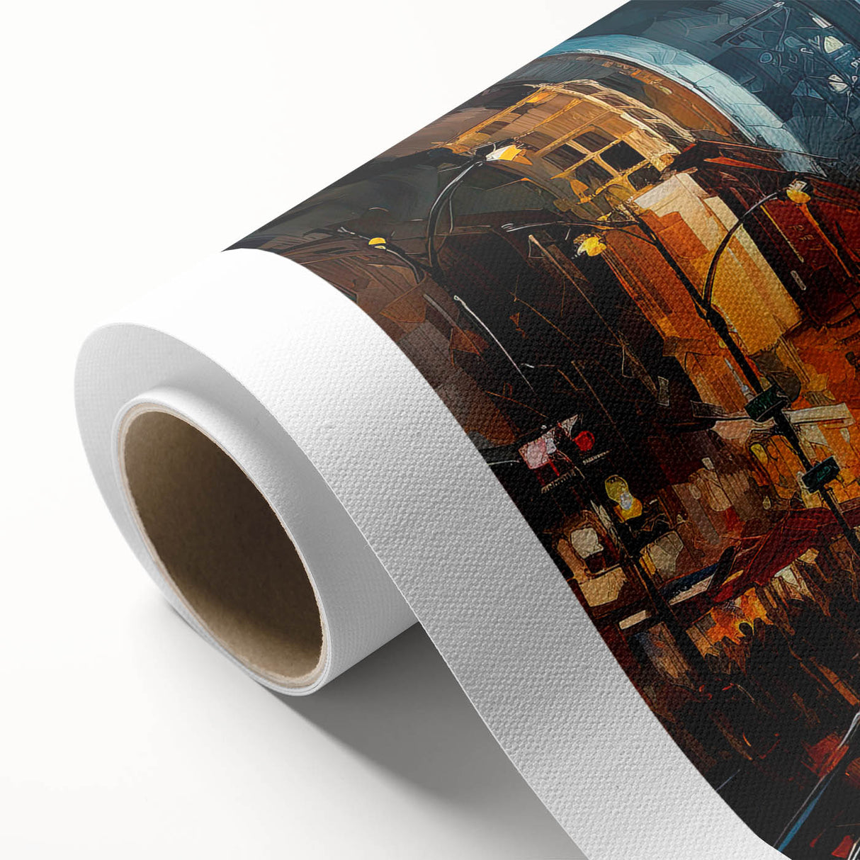 Art deco poster of Times Square with vibrant colors on rolled canvas, suitable for dining room decor.