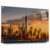 Acrylic print of New York City skyline in muted gray tones, suitable for dining room or bedroom decor.