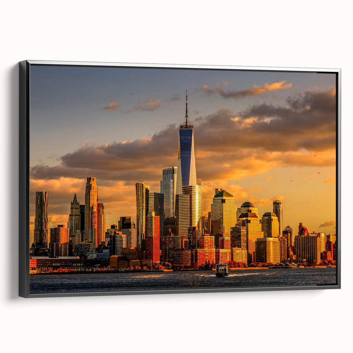 Black and white wall art featuring the New York City skyline with the Trade Center, presented on a framed canvas.