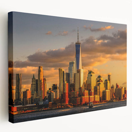 Large canvas art of New York City skyline with muted blue and gray tones, ideal for kitchen wall art.