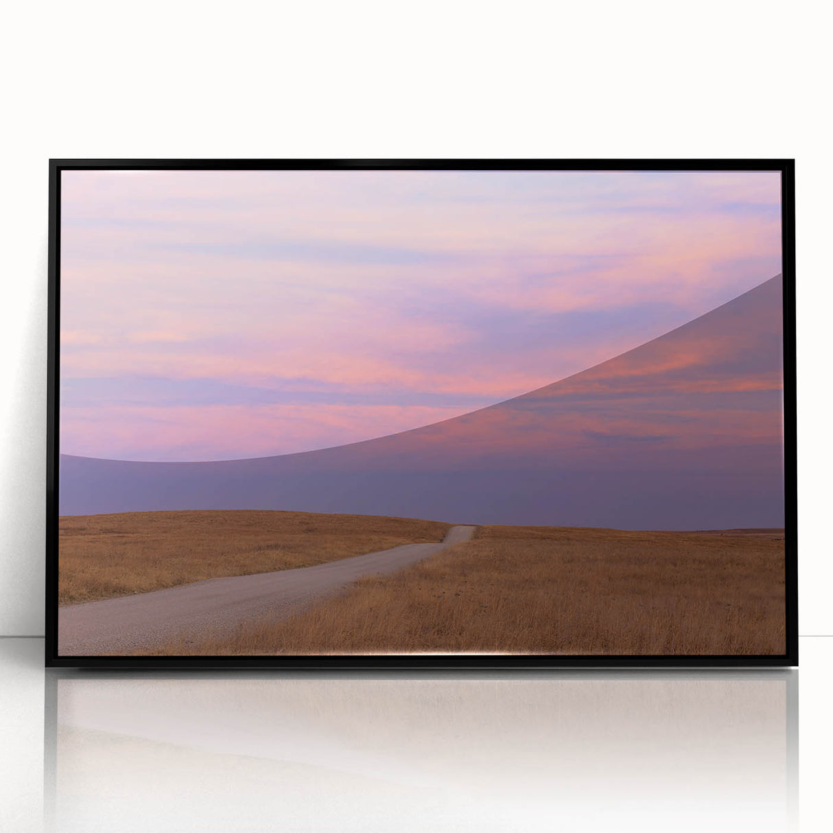 Large abstract wall art depicting Oklahoma scenery in muted earth tones on a black framed acrylic.