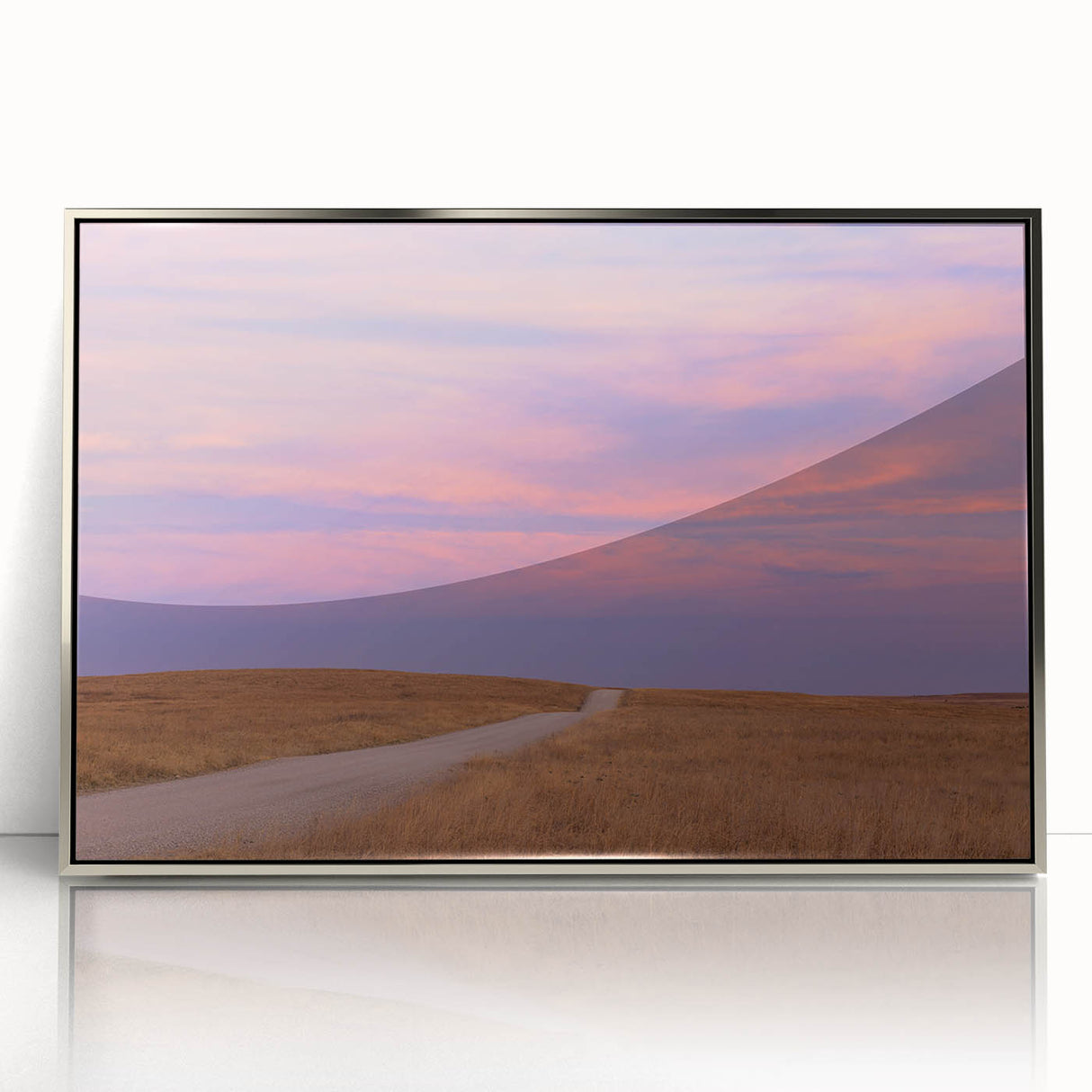 Mid-century modernist art of Oklahoma scenery in muted colors on a silver-framed acrylic, ideal for modern art wall decor.