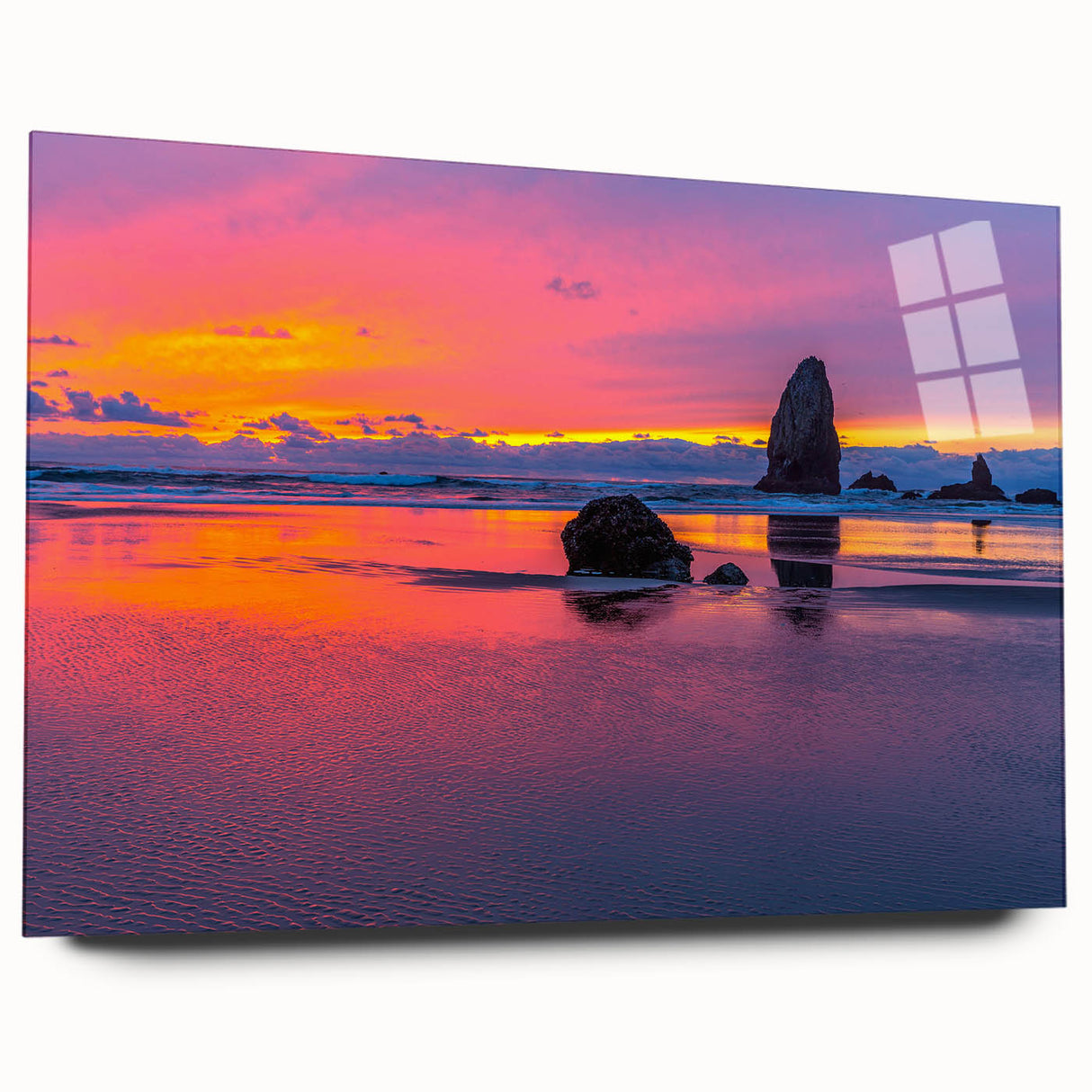 Acrylic print of Cannon Beach, Oregon, with soft gray and blue hues, ideal for bedroom or dining room art.