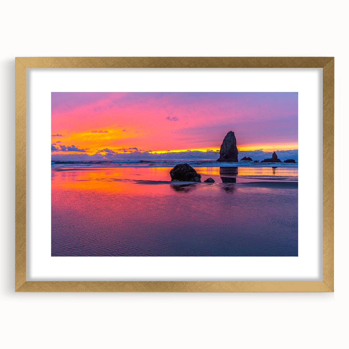 Extra large wall art featuring an abstract depiction of Cannon Beach, Oregon, with textured elements in neutral tones.