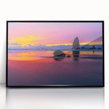 Large abstract wall art of Cannon Beach, Oregon, in muted earth tones on a framed acrylic.