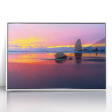 Framed acrylic print of Cannon Beach, Oregon, in muted gray and blue tones, ideal for modern nursery wall art.