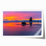 Rolled print of Cannon Beach, Oregon, featuring soft pastel hues and a minimalist design, suitable for dining room wall art.