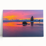 Black and white photo of Cannon Beach, Oregon on stretched canvas, suitable as large kitchen wall art.