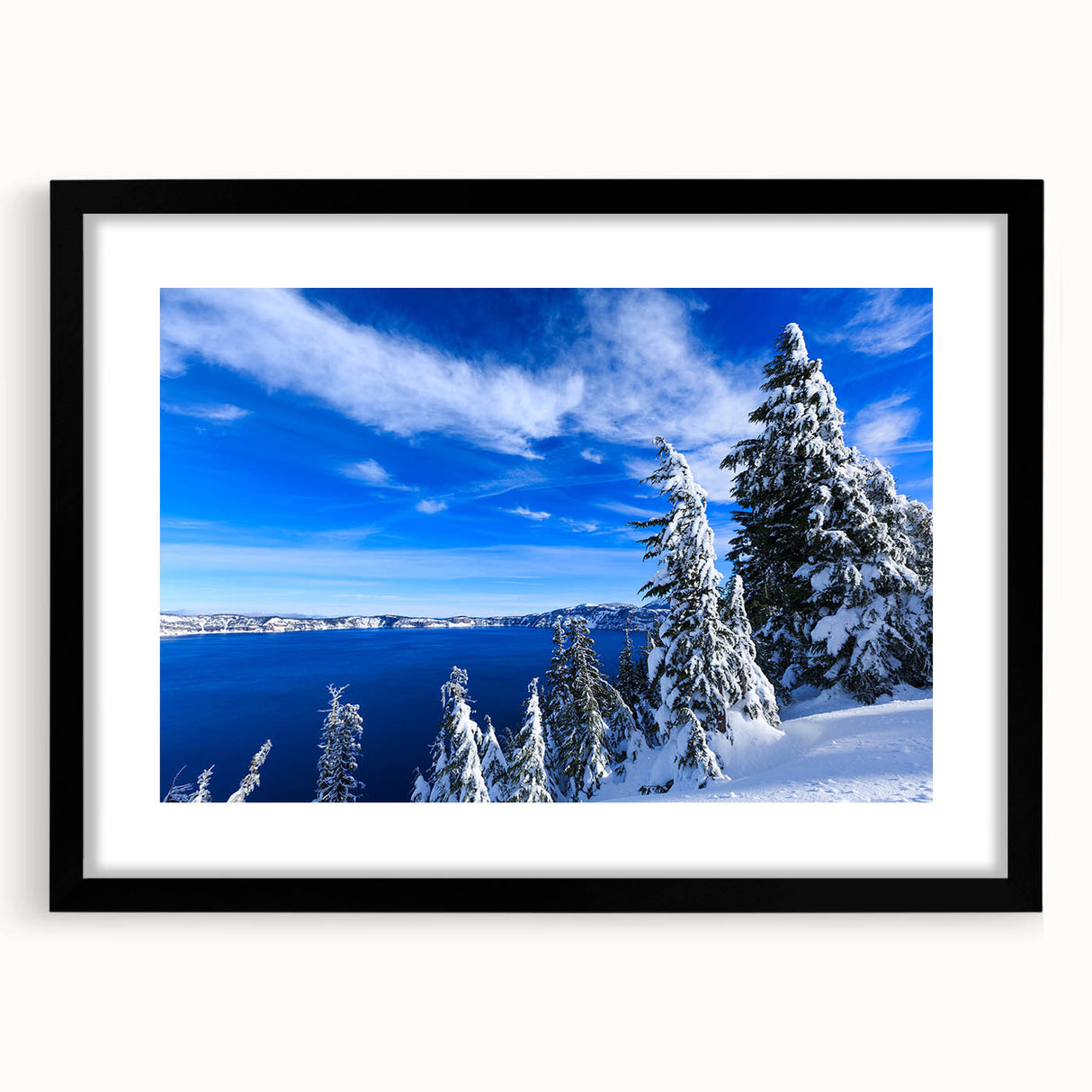 Extra large textured art print of Crater Lake, Oregon, in vibrant blues and greens on a framed canvas.