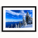 Extra large textured art print of Crater Lake, Oregon, in vibrant blues and greens on a framed canvas.