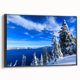 Black and white framed canvas of Crater Lake, Oregon, in a vintage poster style, ideal for bedroom wall decor.