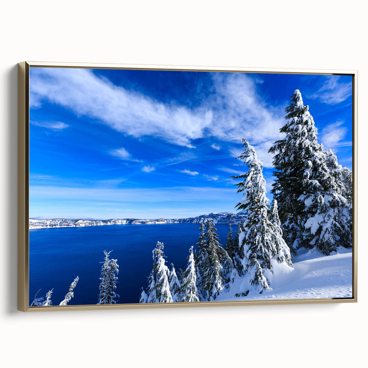 Framed canvas print of Crater Lake, Oregon, in vintage poster style with a gold frame, ideal for bedroom wall art.
