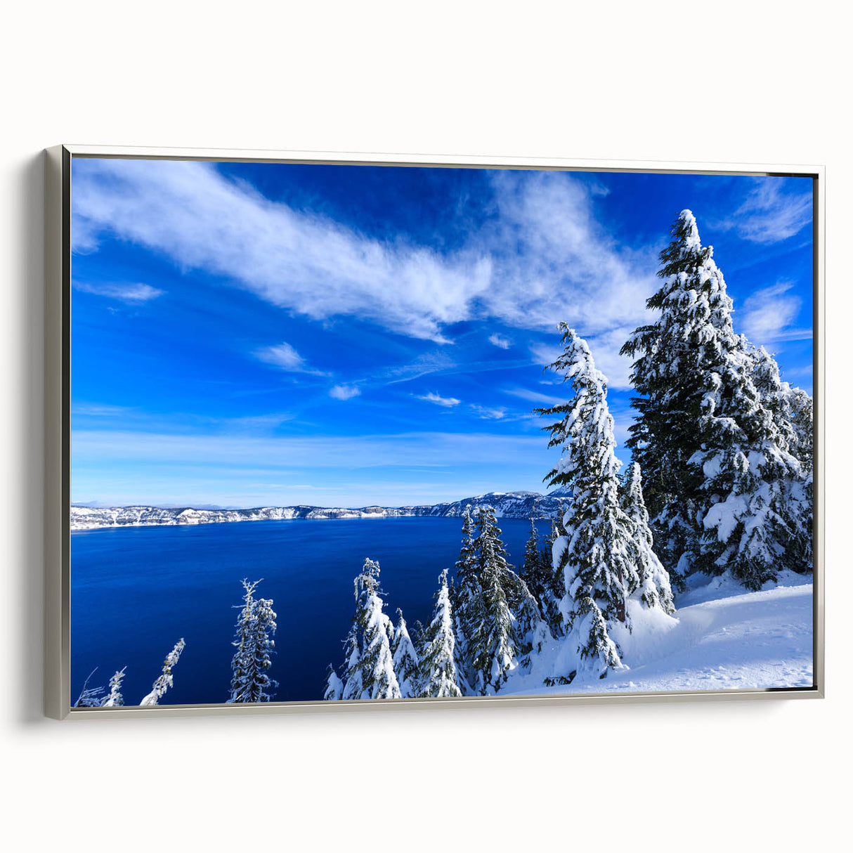 Framed canvas landscape art painting depicting Crater Lake, Oregon, with vibrant blue water and forest green tones.