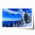Crater Lake, Oregon scenery on rolled print, featuring serene blue and green tones, ideal for art wall dining room.