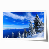 Crater Lake, Oregon scenery on rolled print, featuring serene blue and green tones, ideal for art wall dining room.