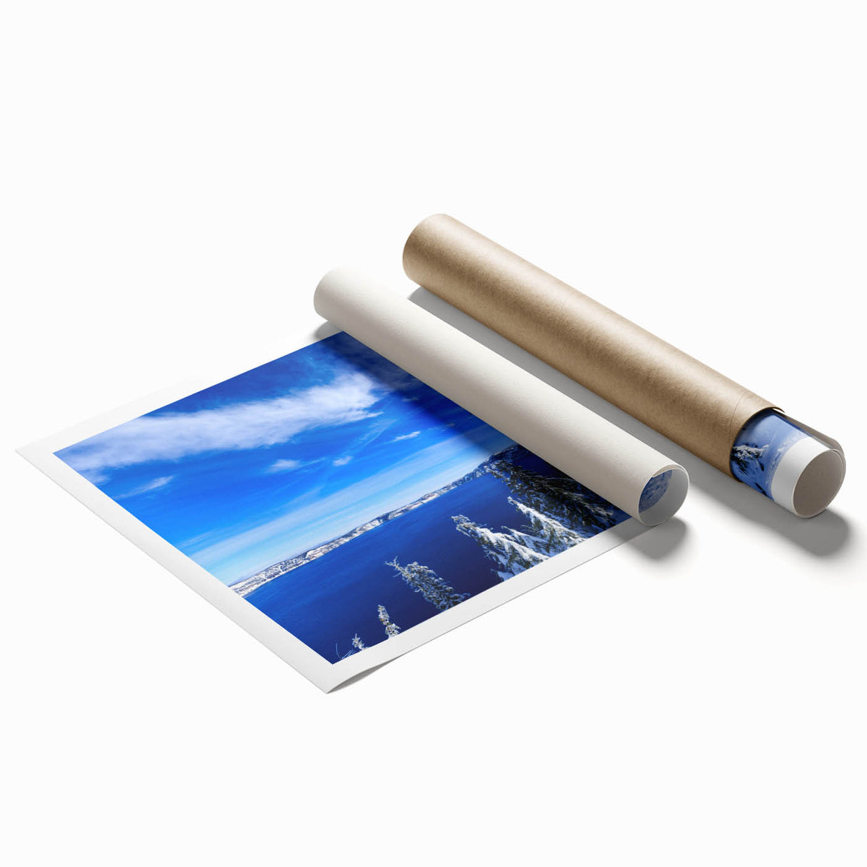 Extra large rolled print of Crater Lake in Oregon, featuring deep blue tones, ideal for classy bathroom wall art.