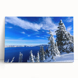 Black and white stretched canvas featuring a serene Crater Lake scene, ideal for kitchen wall art or bedroom ambiance.