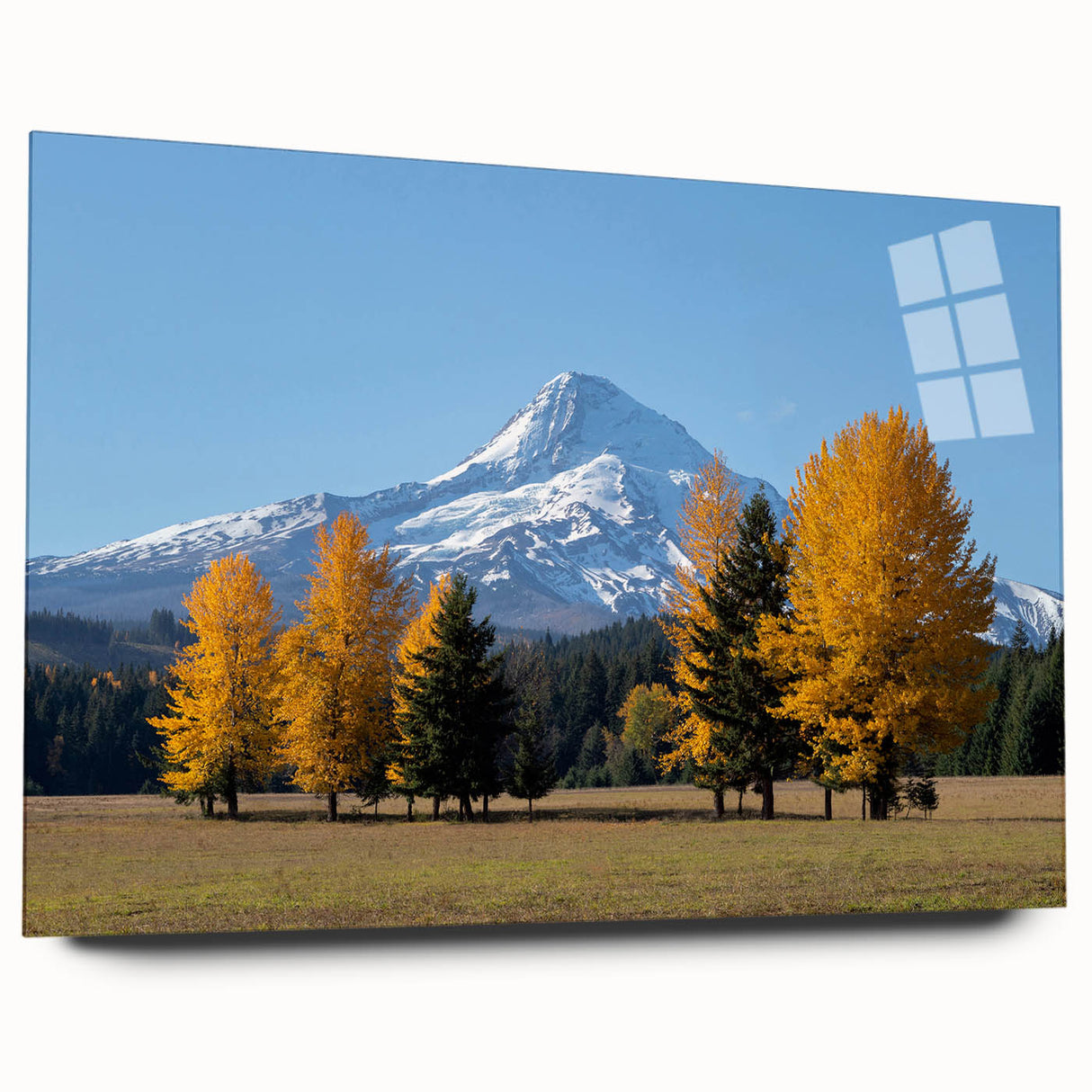 Large abstract depiction of Mount Hood, Oregon in muted earth tones on acrylic glass, ideal for bedroom or dining room art.