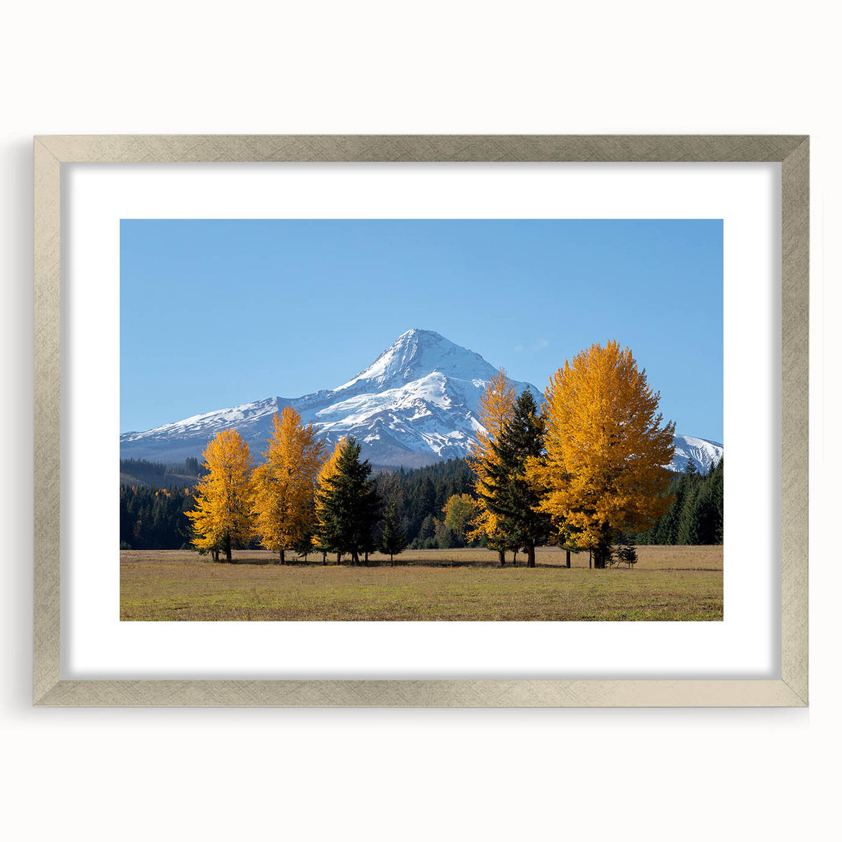 Textured art print of Oregon's Mount Hood in abstract style with muted earth tones, framed in silver, ideal for bedroom art.