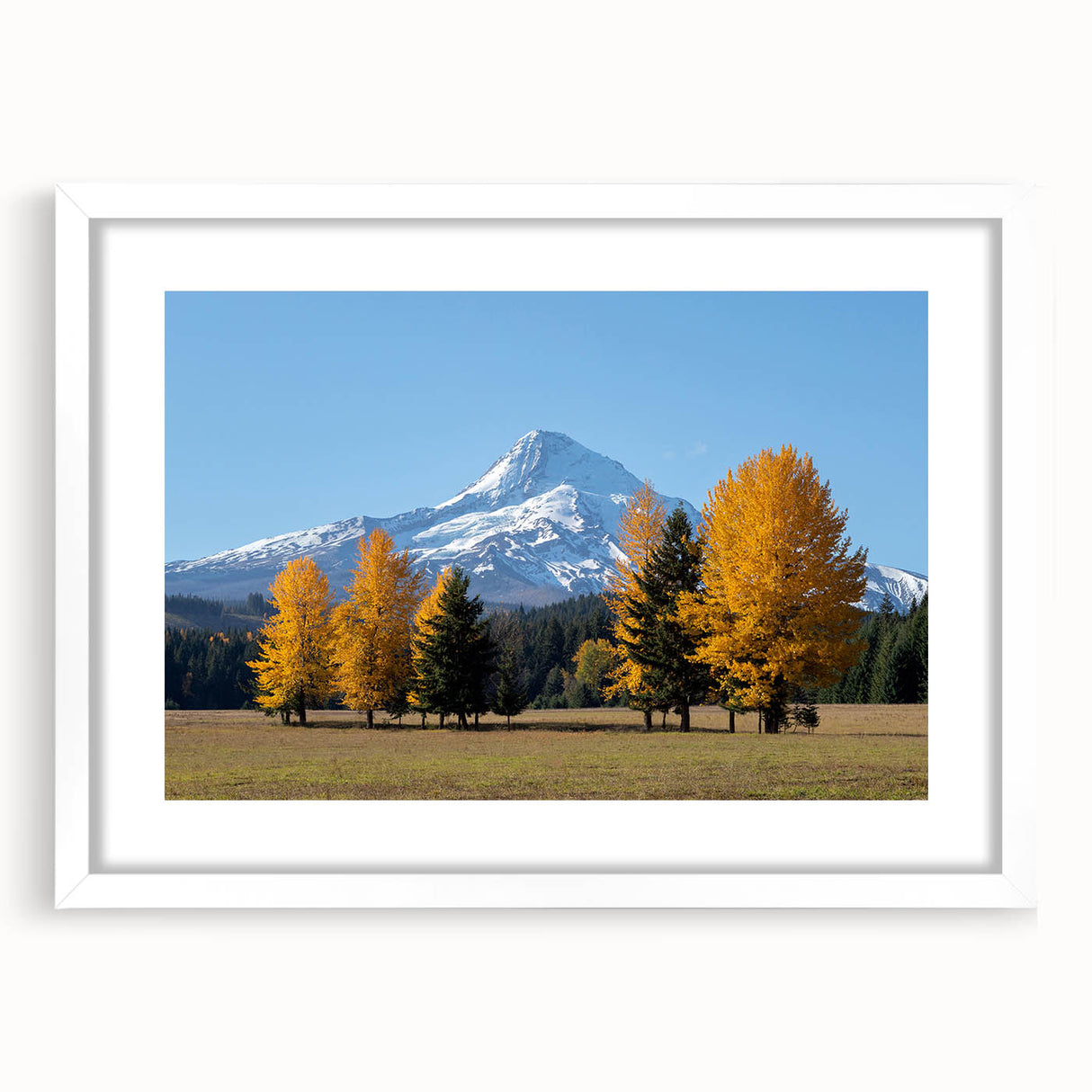 Abstract art print of Mount Hood in muted blue and green tones on a framed white mat, suitable for dining room decor.