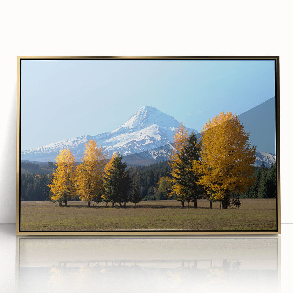 Framed acrylic print of Mount Hood, Oregon in muted earth tones, suitable for nursery wall art or modern decor.