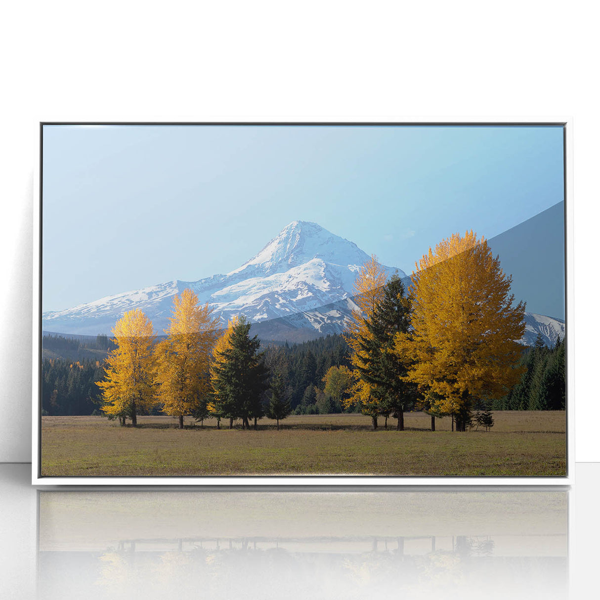 Framed acrylic print of Mount Hood, Oregon in muted gray and blue tones, ideal for modern art wall decor.