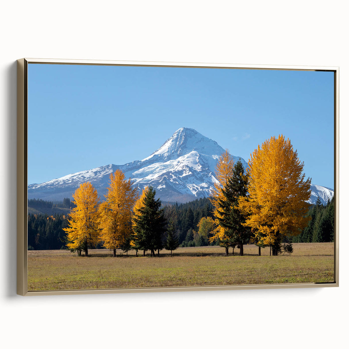 Framed canvas depicting Mount Hood in Oregon, with muted earth tones and vintage poster style, ideal for bedroom wall art.