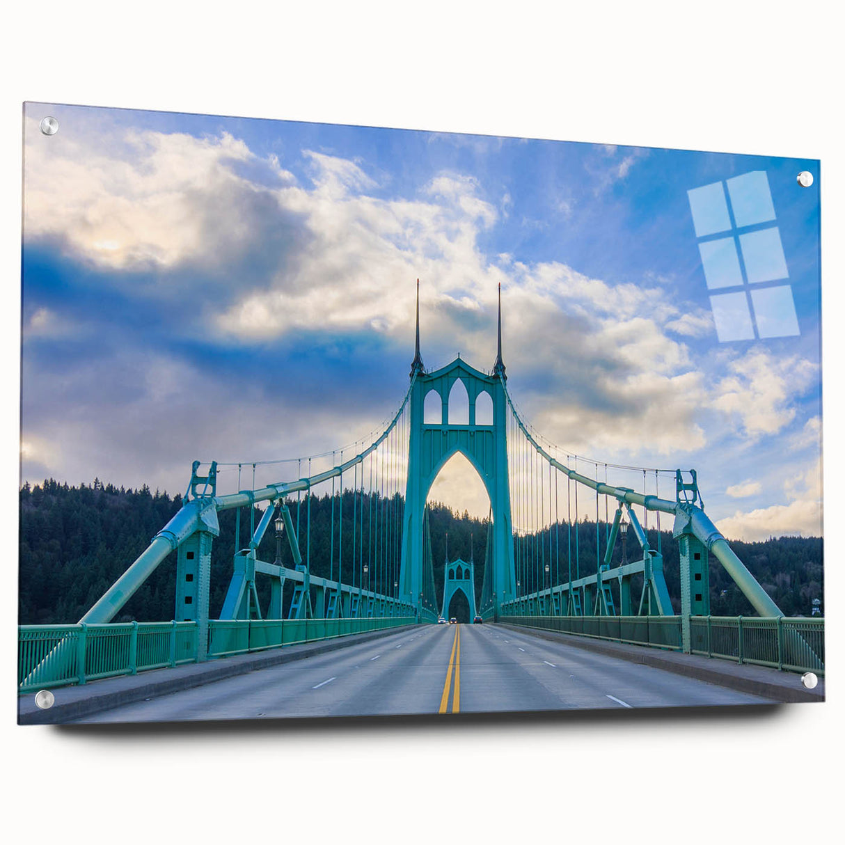 Acrylic glass print of Portland, Oregon skyline in subdued earth tones, suitable for bedroom or dining room decor.