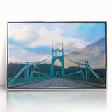 Mid-century modernist art depicting Portland, Oregon skyline in muted tones on a silver-framed acrylic print.