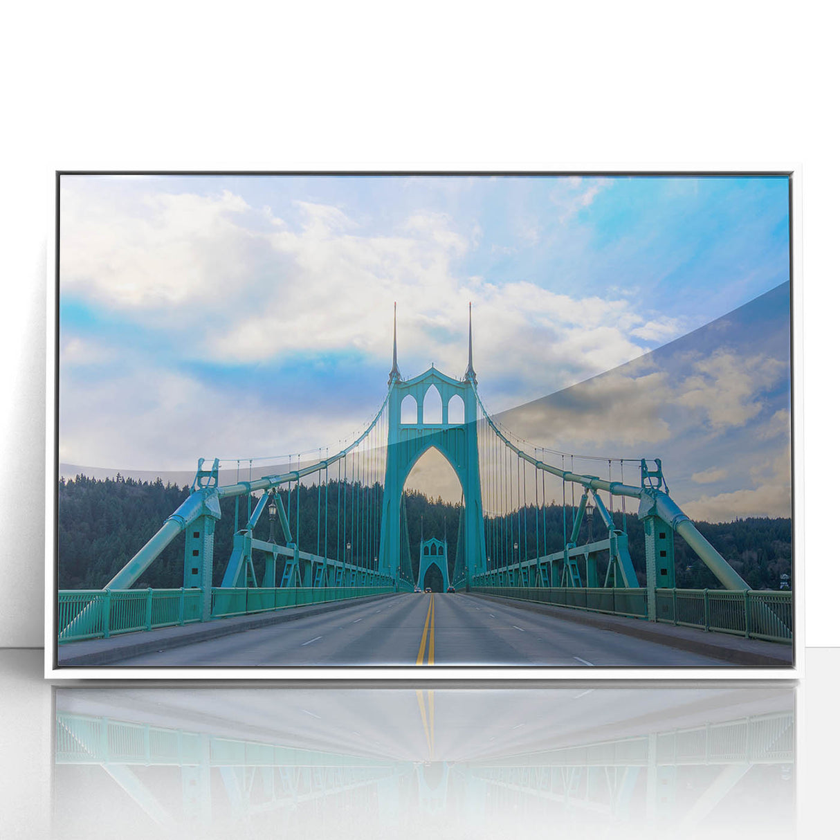 Art deco style poster of Portland, Oregon skyline in muted gray and blue tones on framed acrylic.