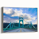 Framed canvas landscape art painting of Portland, Oregon with colorful and black vintage poster art elements.