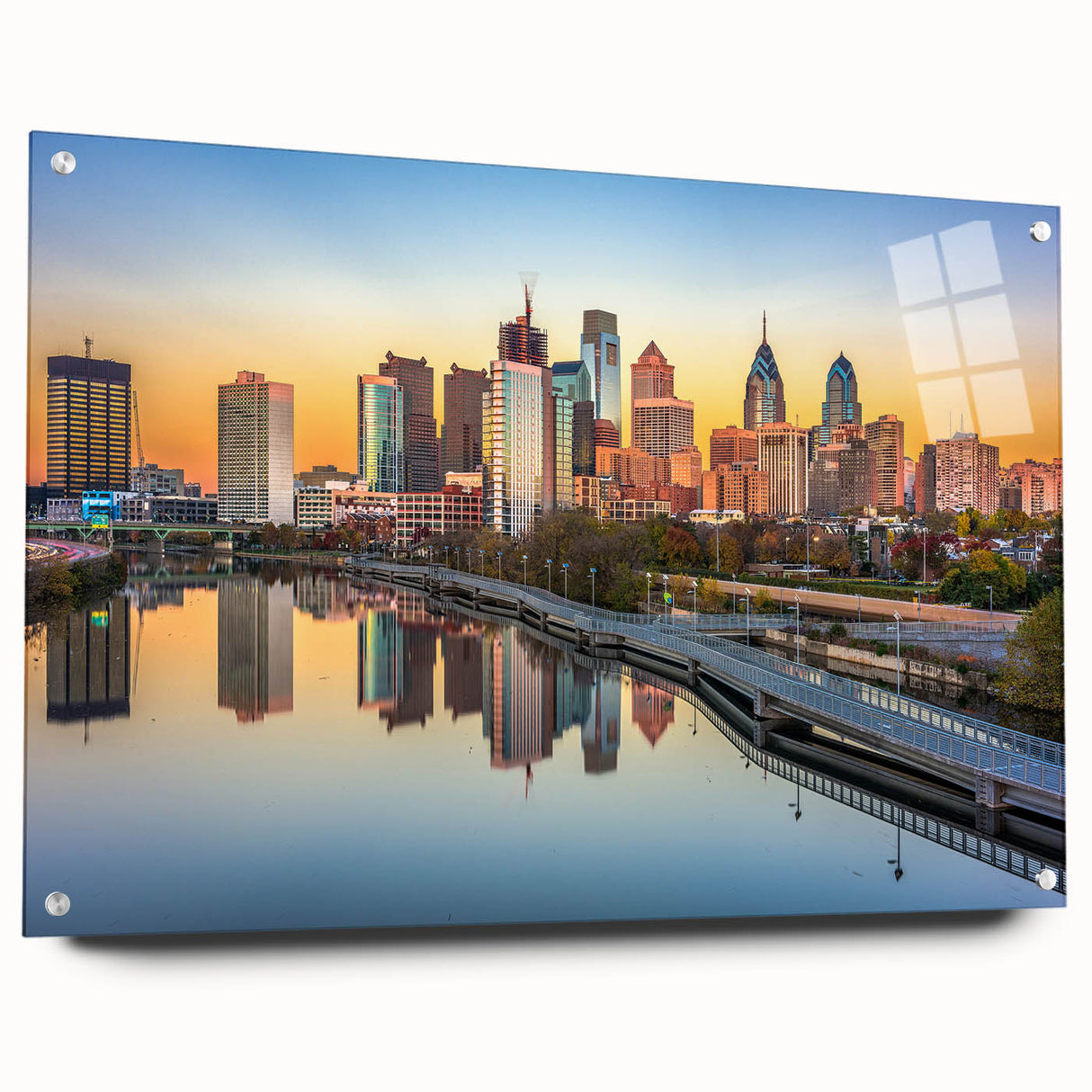 Acrylic print of a large abstract depiction of the Philadelphia skyline in muted blue and gray tones.