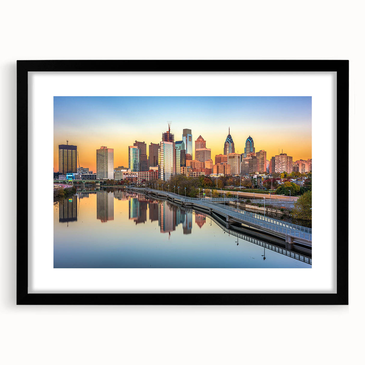 Abstract art print of colorful, textured Philadelphia scenery on a large black-framed canvas, ideal for living room decor.