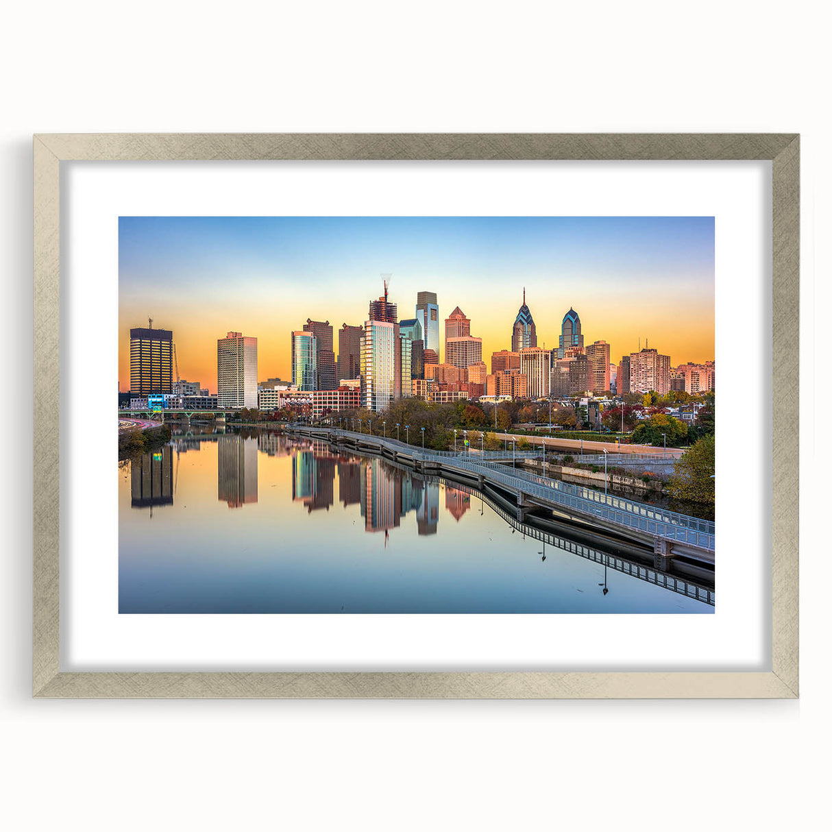 Textured abstract art print of Philadelphia skyline in muted gray tones on a framed canvas, suitable for bedroom decor.