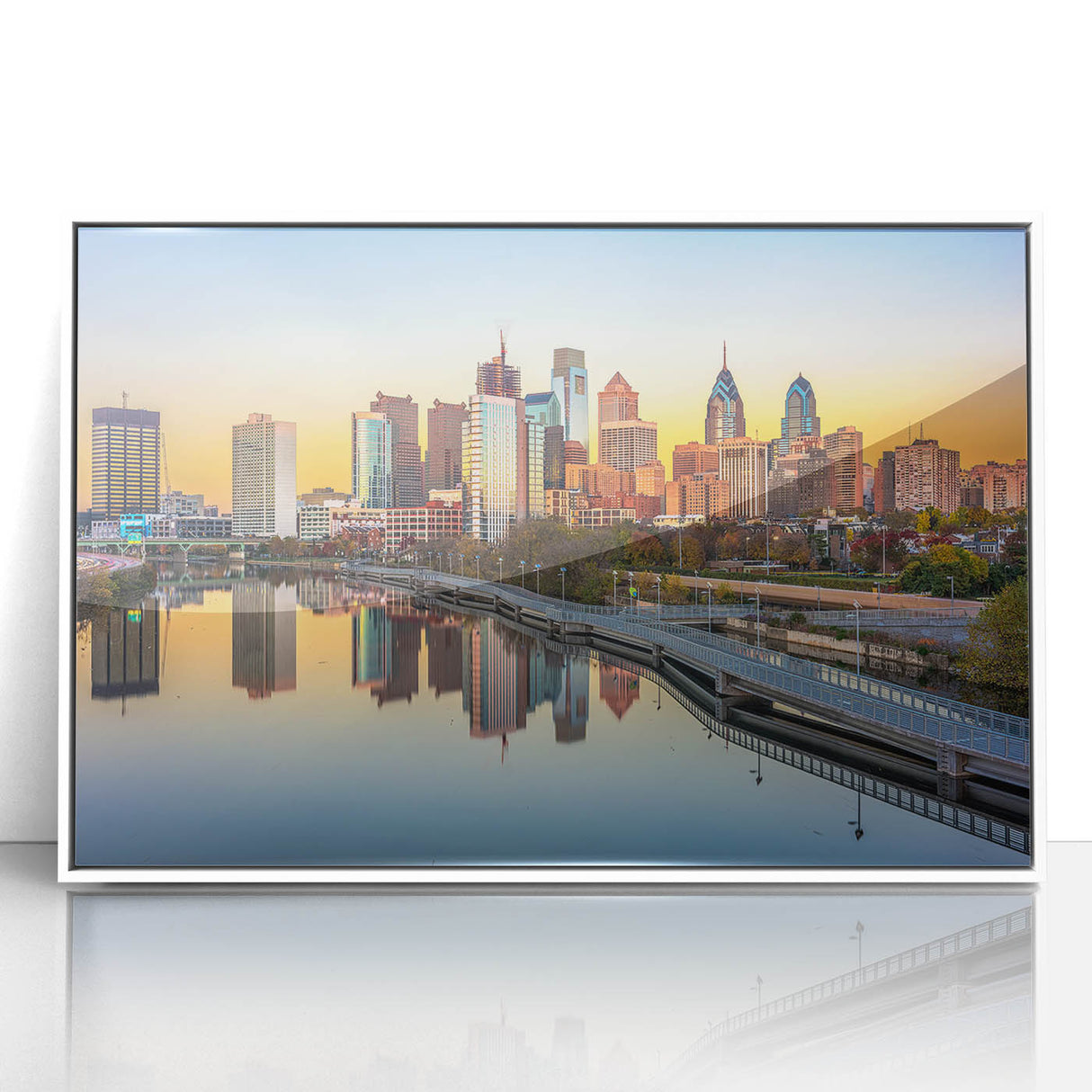 Art deco poster of Philadelphia skyline in muted gray tones on framed acrylic, ideal for modern nursery wall art.