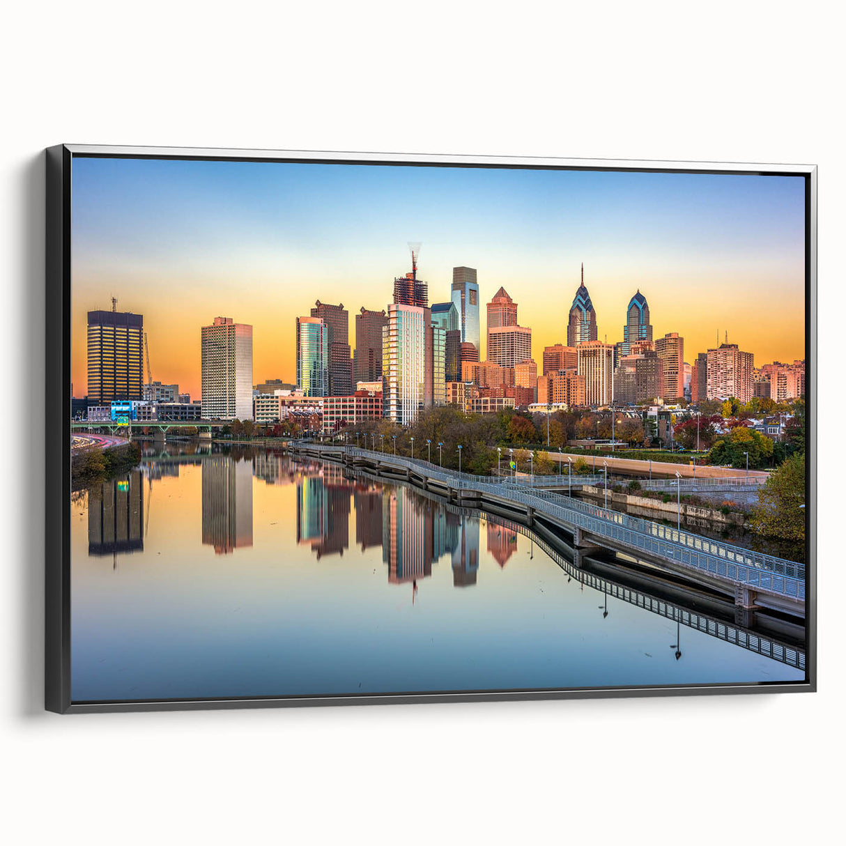 Black and white framed canvas of Philadelphia skyline, featuring vintage poster art style, suitable for bedroom wall decor.