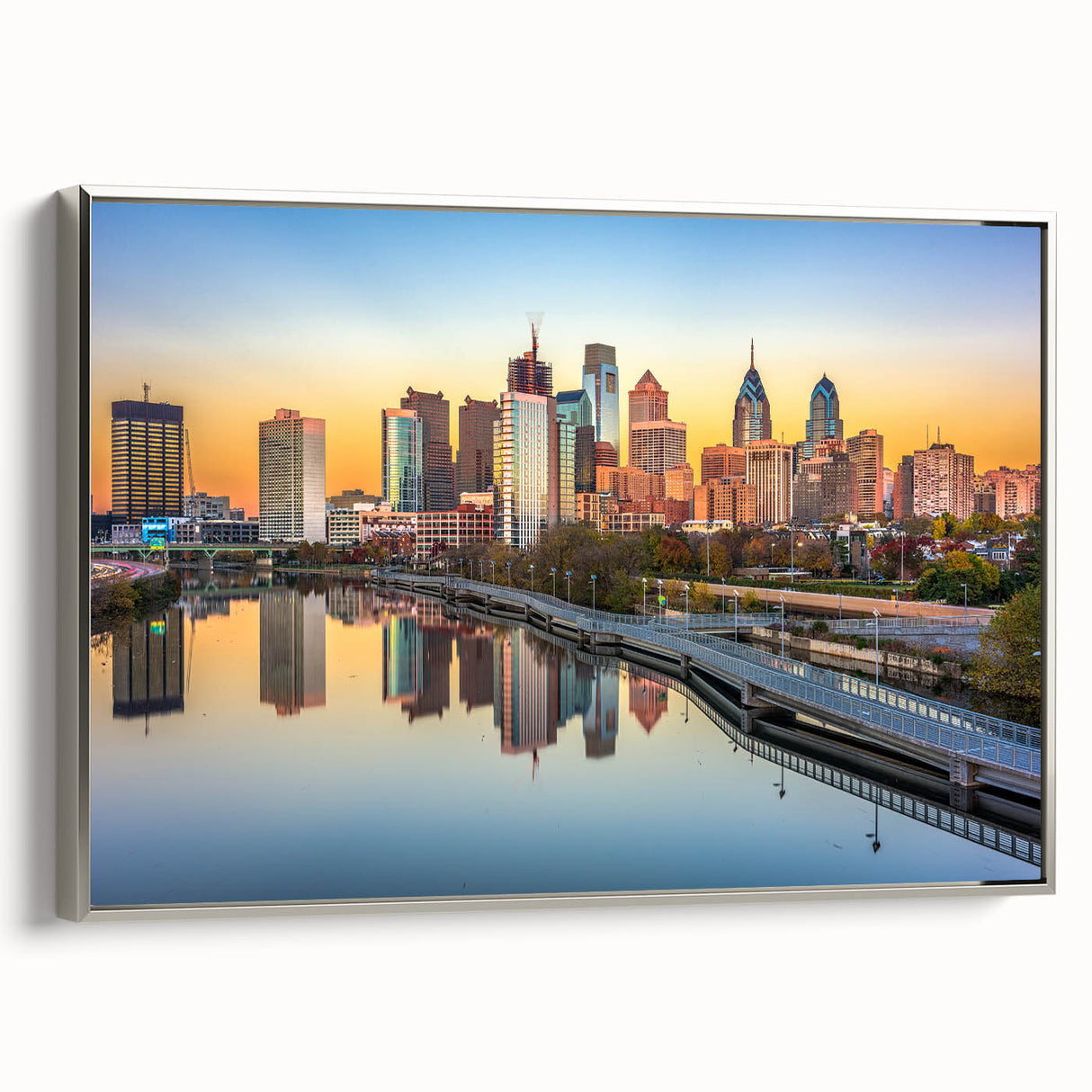 Framed canvas of a vintage Philadelphia landscape painting in muted colors, ideal for living room decor.