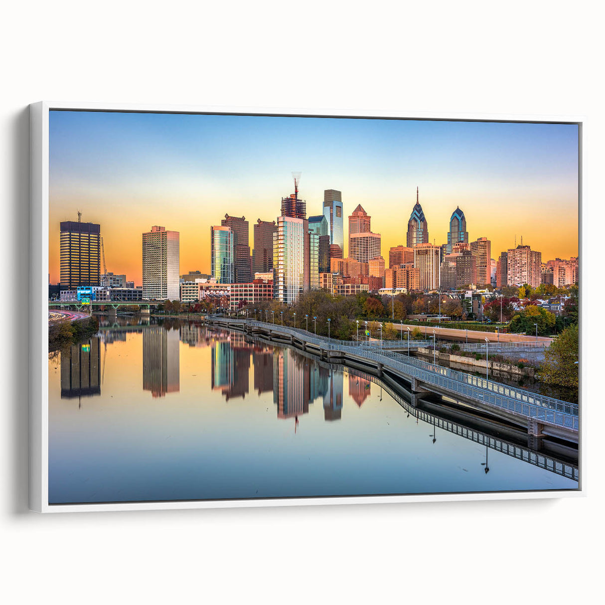 Vintage poster art of Philadelphia skyline in colorful hues on a large framed canvas, ideal for living room decor.