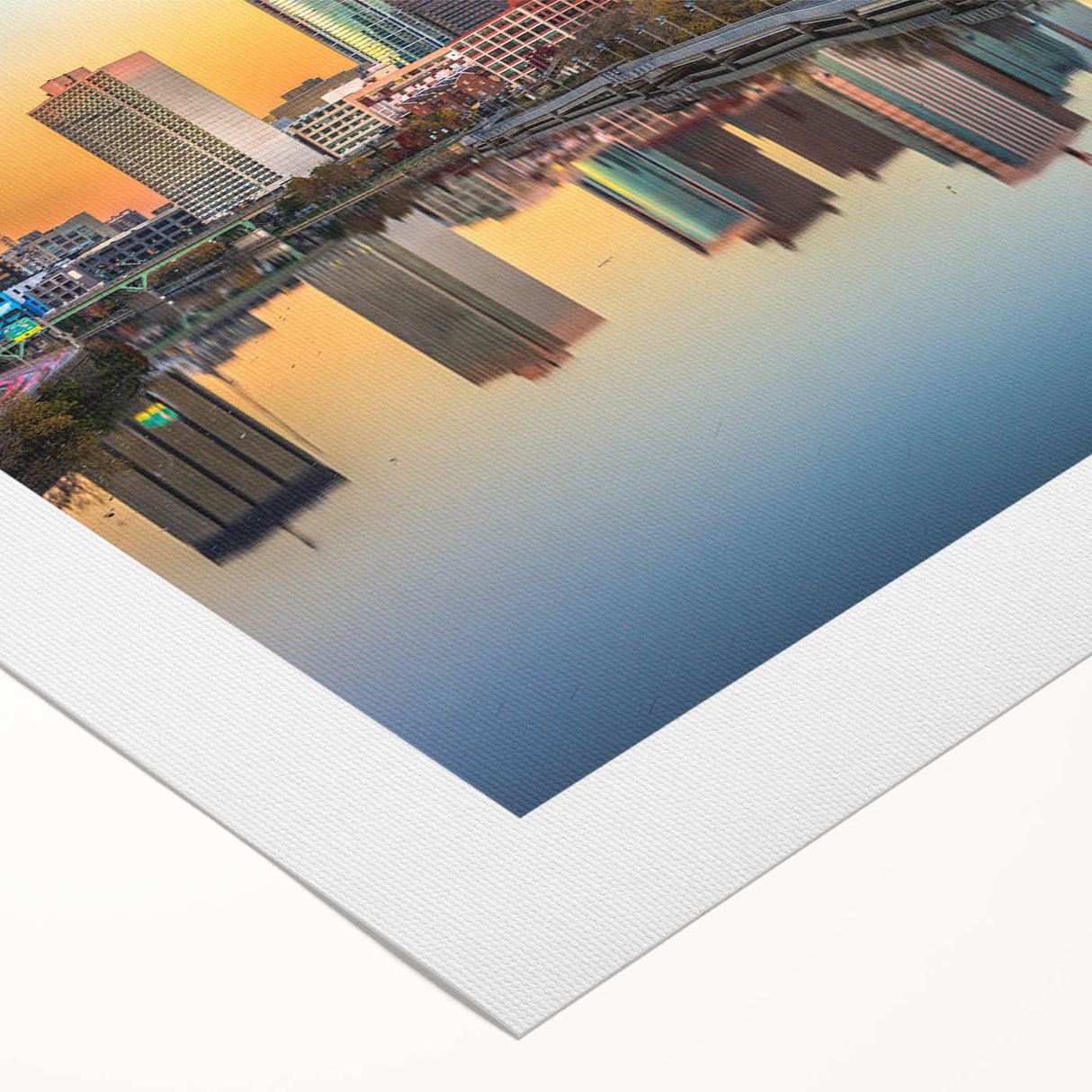 Art deco poster of Philadelphia skyline in muted gray and blue tones on rolled canvas, ideal for dining room wall art.