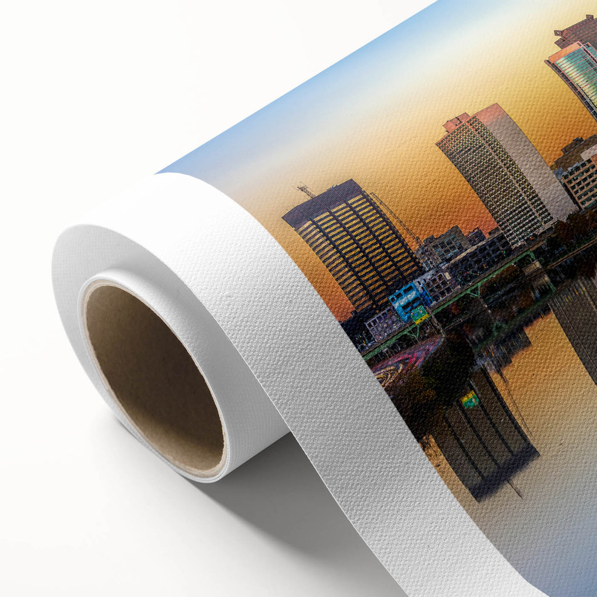 Art deco poster of Philadelphia skyline in pastel shades on rolled canvas, ideal for nursery wall art.