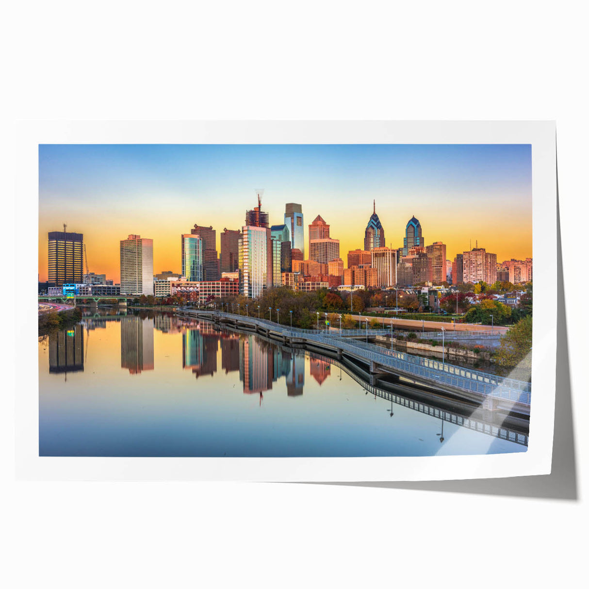 Extra large rolled print featuring a detailed Philadelphia skyline in muted gray and blue tones.