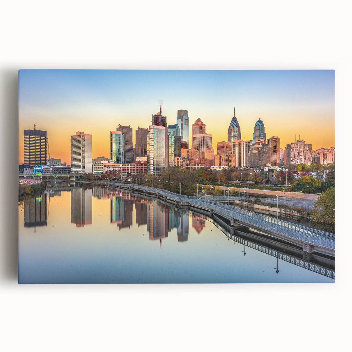 Black and white stretched canvas of Philadelphia skyline, ideal for kitchen art.