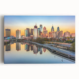 Black and white stretched canvas of Philadelphia skyline, ideal for kitchen art.