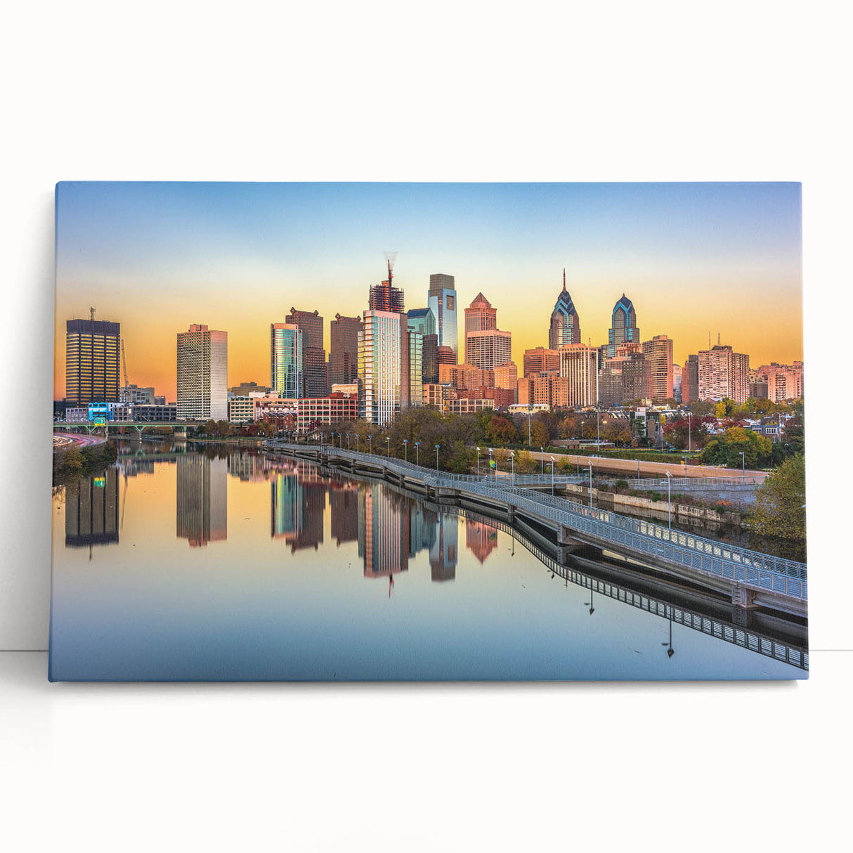Black and white stretched canvas of Philadelphia skyline, ideal for kitchen wall art or bedroom ambiance.