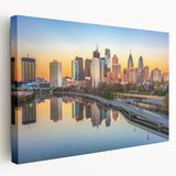 Large art depicting the Philadelphia skyline in muted blue tones on stretched canvas, ideal for kitchen wall art.