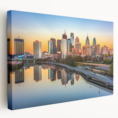 Large art depicting the Philadelphia skyline in muted blue tones on stretched canvas, ideal for kitchen wall art.