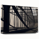 Acrylic print of Pittsburgh skyline in muted blue and grey tones, suitable for bedroom or dining room decor.