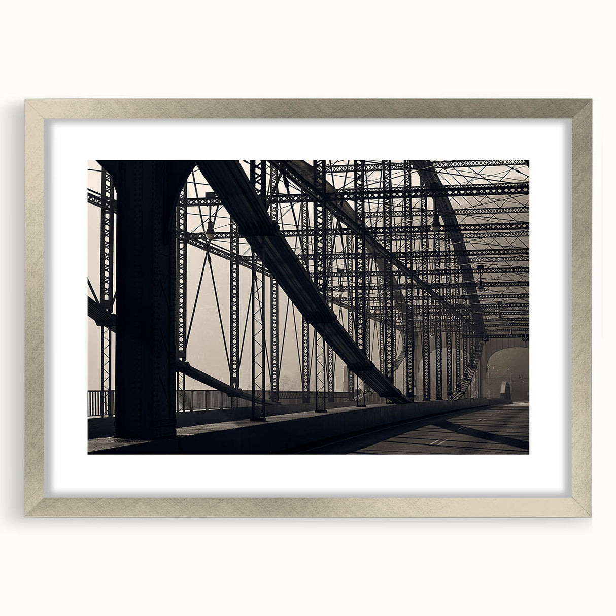 Abstract textured art print of Pittsburgh skyline in muted gray and blue tones on a framed silver mat.